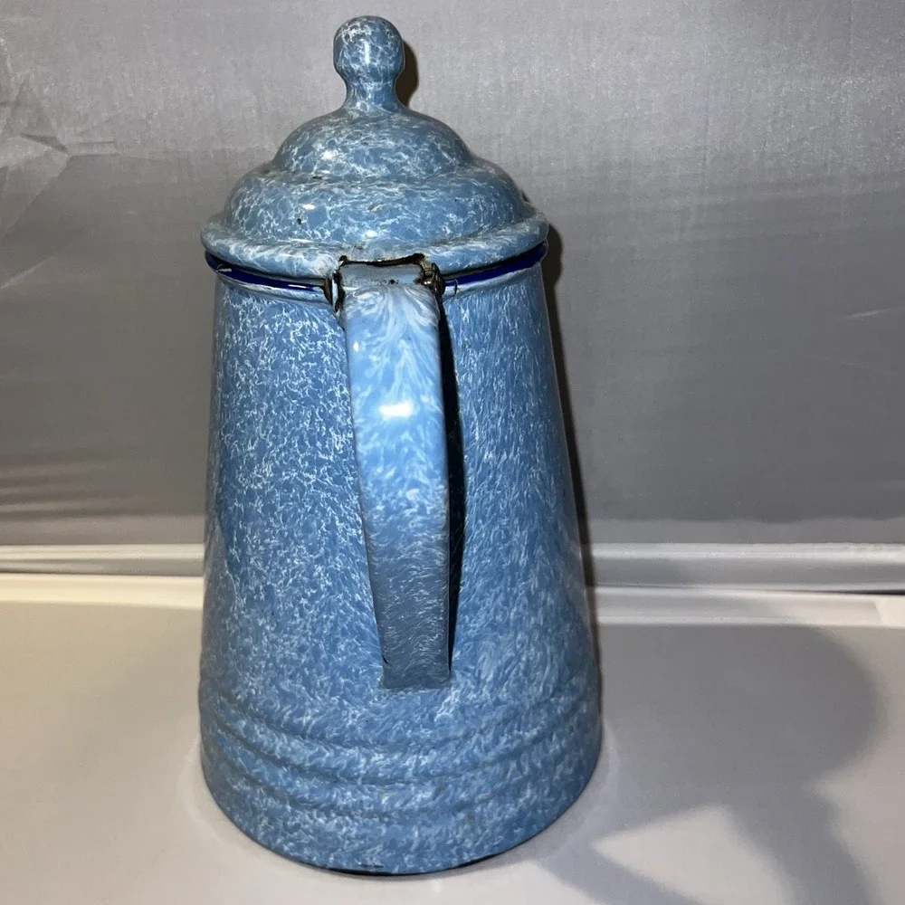Vintage Blue White Splatter Enamelware Coffee Pot Graniteware Style Farmhouse